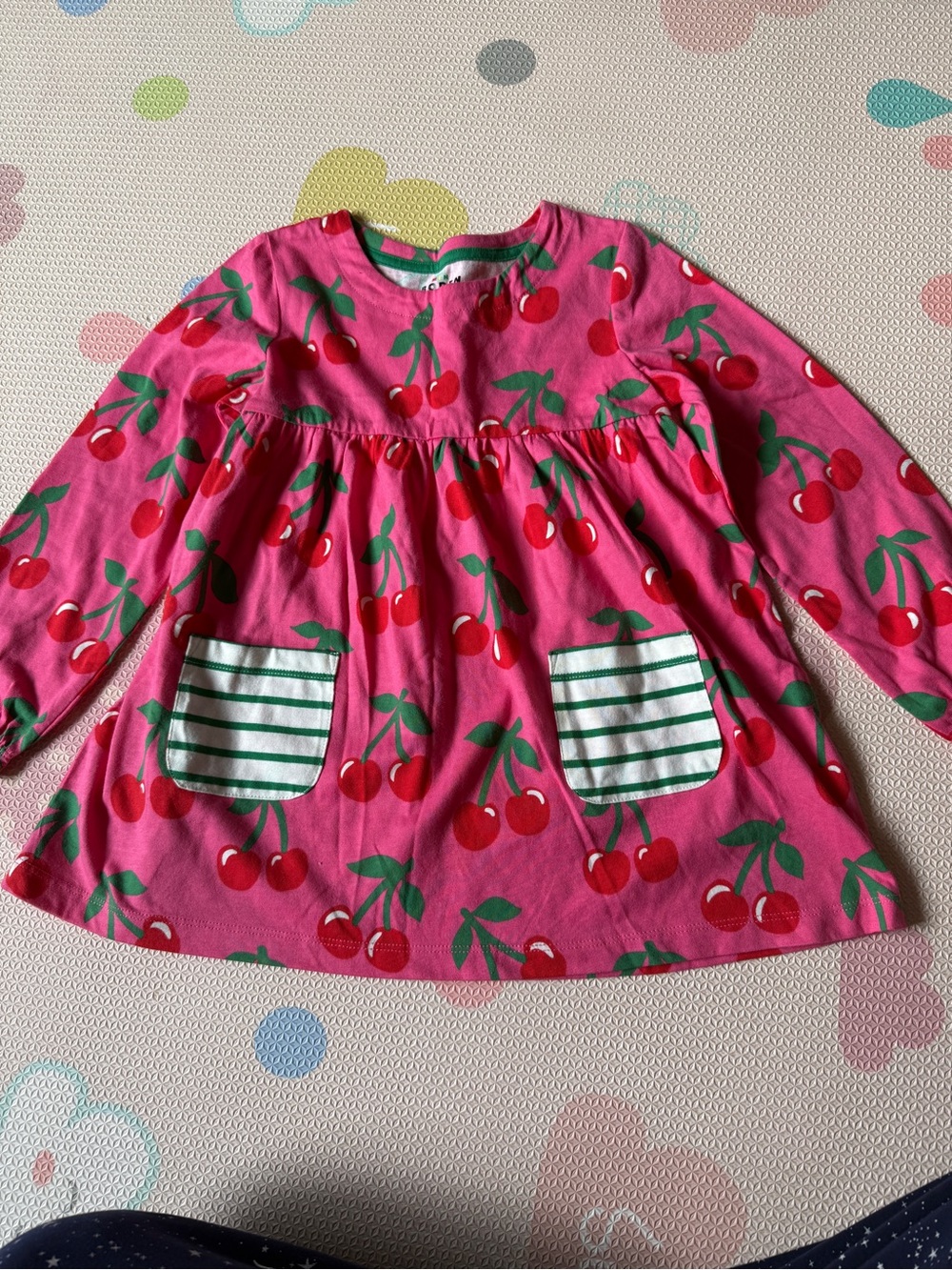 Mini Boden Pink Cherry Print Long-Sleeve Dress with Green-Striped Pockets